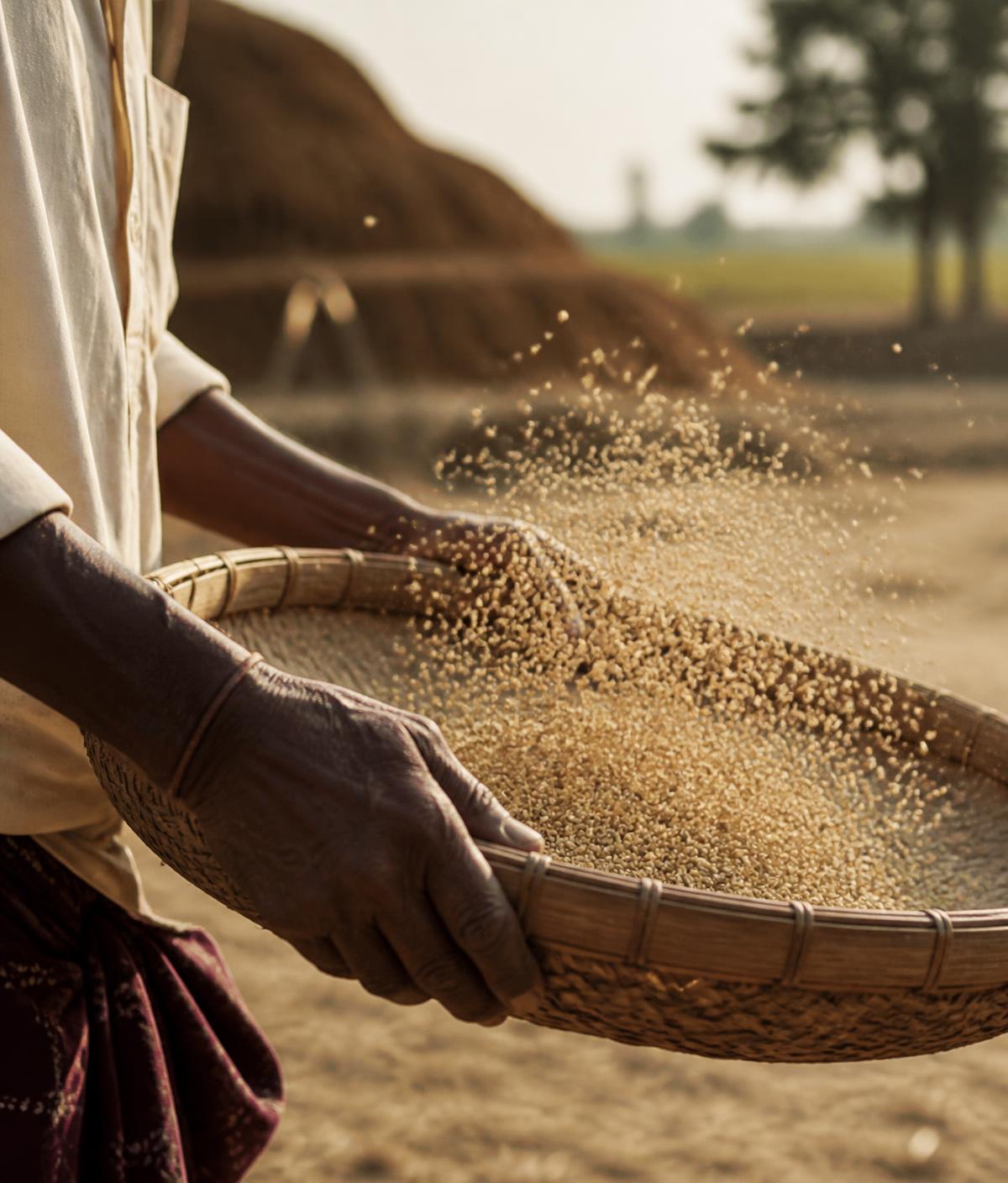 Farmer winnowing millet in a bamboo tray